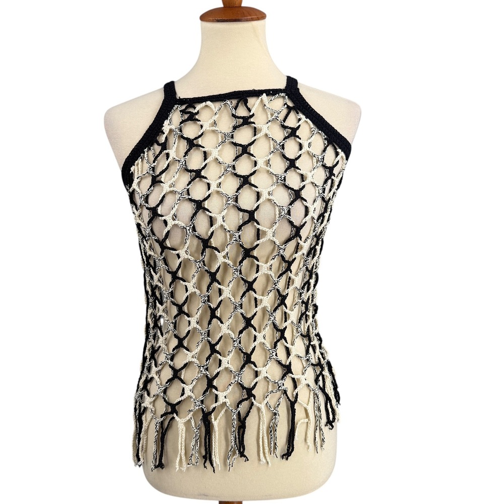 Crochet Halter Top One Size Black White Open Knit‎ Sheer Fringe Boho Festival